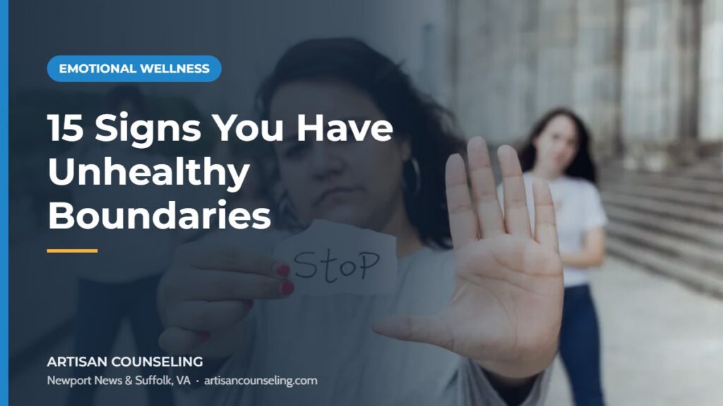 Woman holding up her hand in a calm stop gesture, featured image for an article on signs of unhealthy boundaries