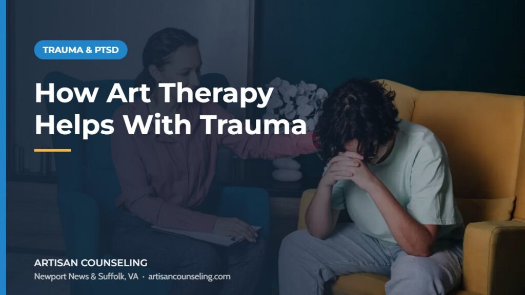 Hands painting with watercolors at a table, featured image for an article on art therapy for trauma