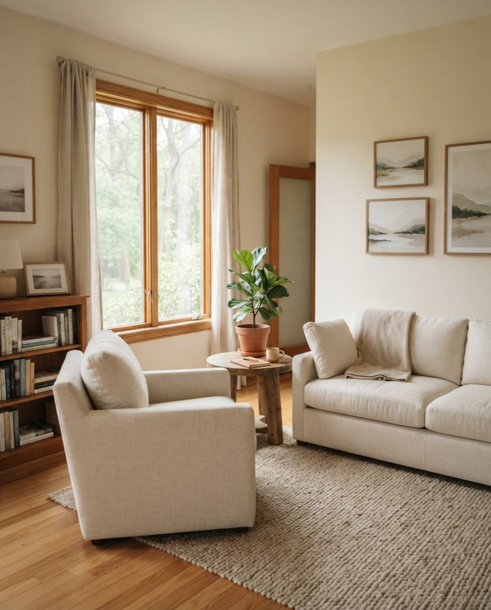 Calm, light-filled counseling room with a cream armchair, sofa and plants