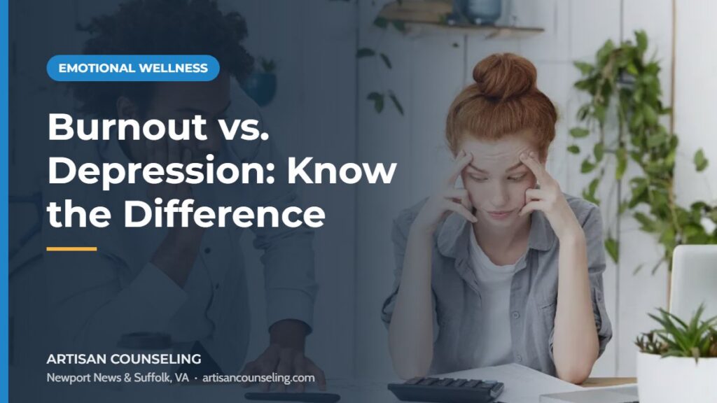 Exhausted professional at a desk with head down, featured image for an article on burnout vs depression