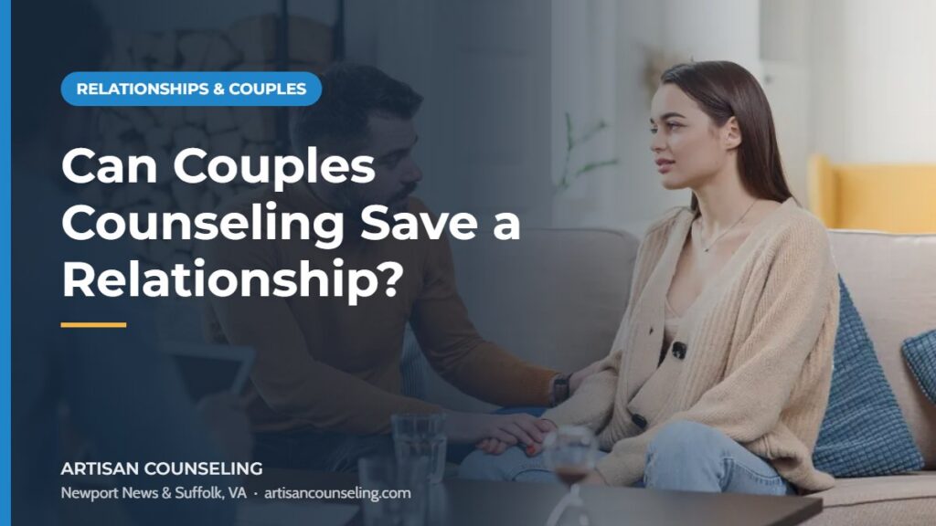 Couple holding hands during a counseling session, featured image for an article on whether couples counseling can save a relationship