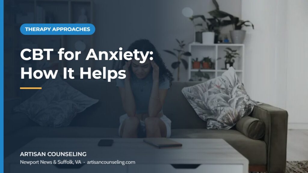 Woman practicing calm breathing at home, featured image for an article on CBT for anxiety