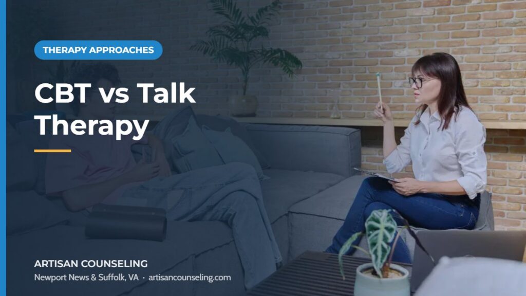 Client talking with a counselor in a calm office, featured image for an article comparing CBT and talk therapy