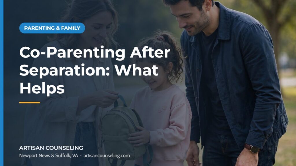 Parent walking with a child holding hands, featured image for an article on co-parenting after separation