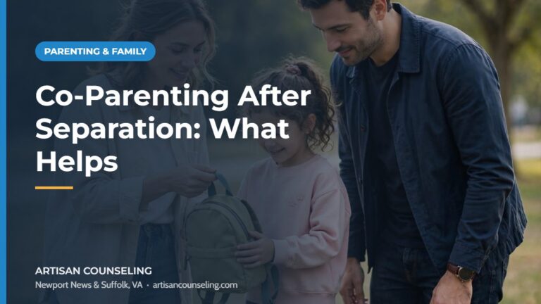 Parent walking with a child holding hands, featured image for an article on co-parenting after separation