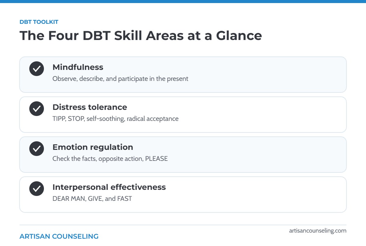 Infographic summarizing the four DBT skill areas with example skills