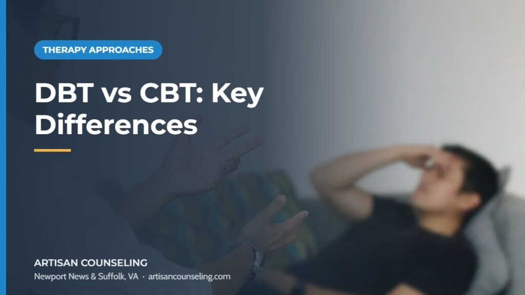 Counselor explaining therapy options to a client, featured image for an article comparing DBT and CBT