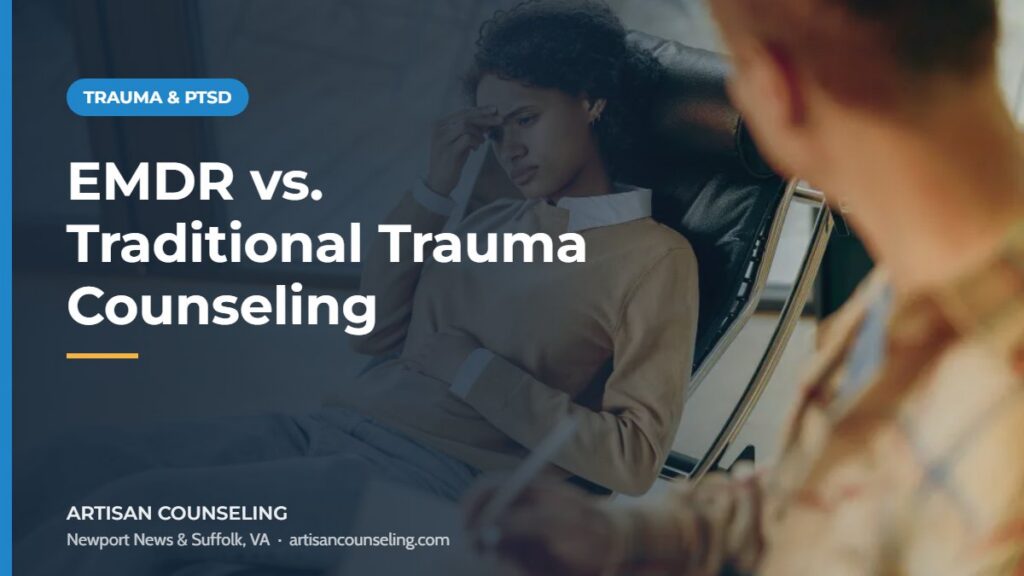 Counselor and client talking in a calm office, featured image comparing EMDR and traditional trauma counseling