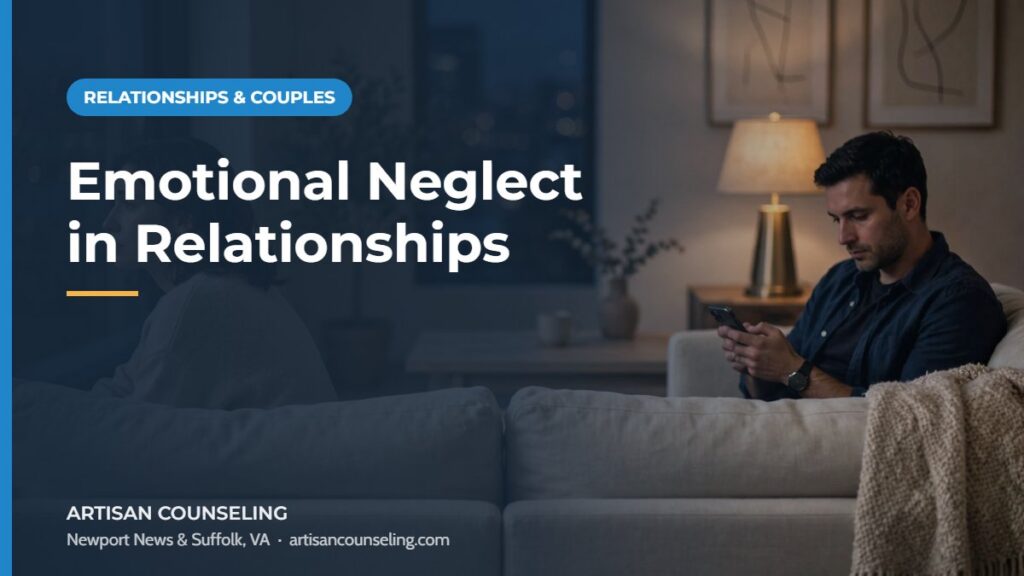 Woman sitting alone while her partner looks at his phone, featured image for an article on emotional neglect in relationships