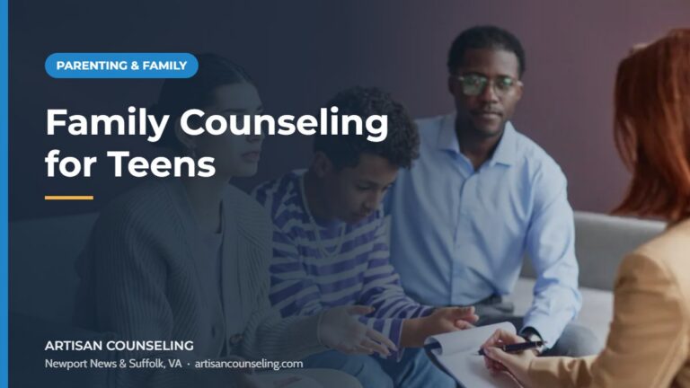 Parent and teenager talking together on a couch, featured image for an article on family counseling for teens