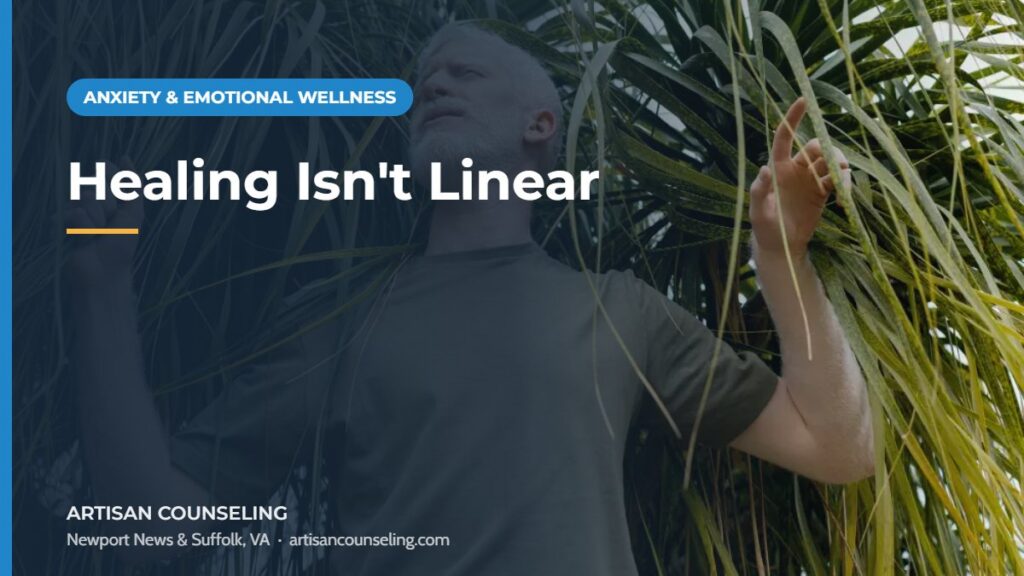 Person walking a winding path through a forest, featured image for an article on why healing isn't linear