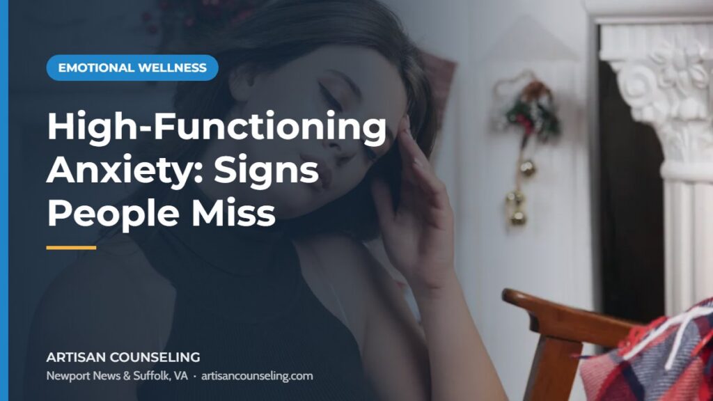Busy professional working late on a laptop looking tense, featured image for an article on high-functioning anxiety signs