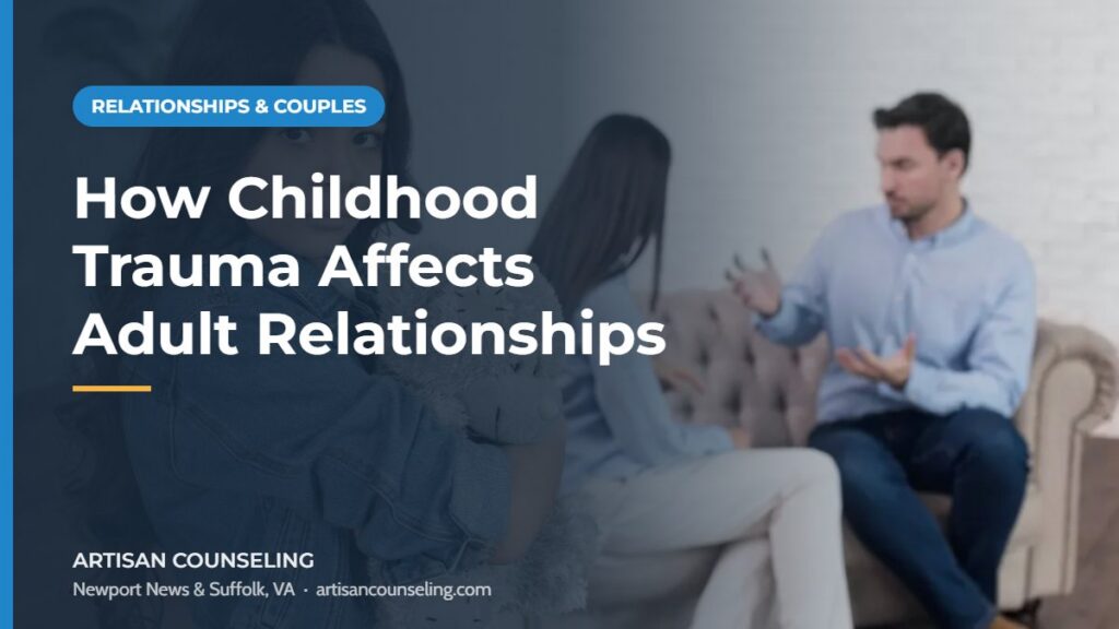 Couple sitting apart on a couch in a quiet moment, featured image for an article on how childhood trauma affects adult relationships