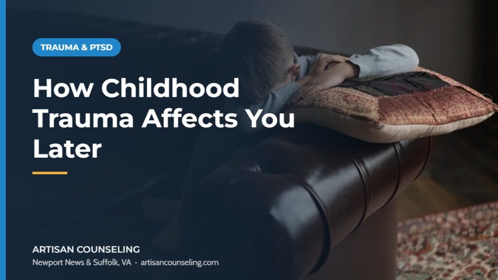 Adult looking at an old childhood photo, featured image for an article on how childhood trauma can affect you decades later