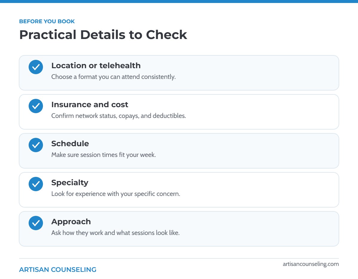 Checklist of practical details to check before booking a therapist