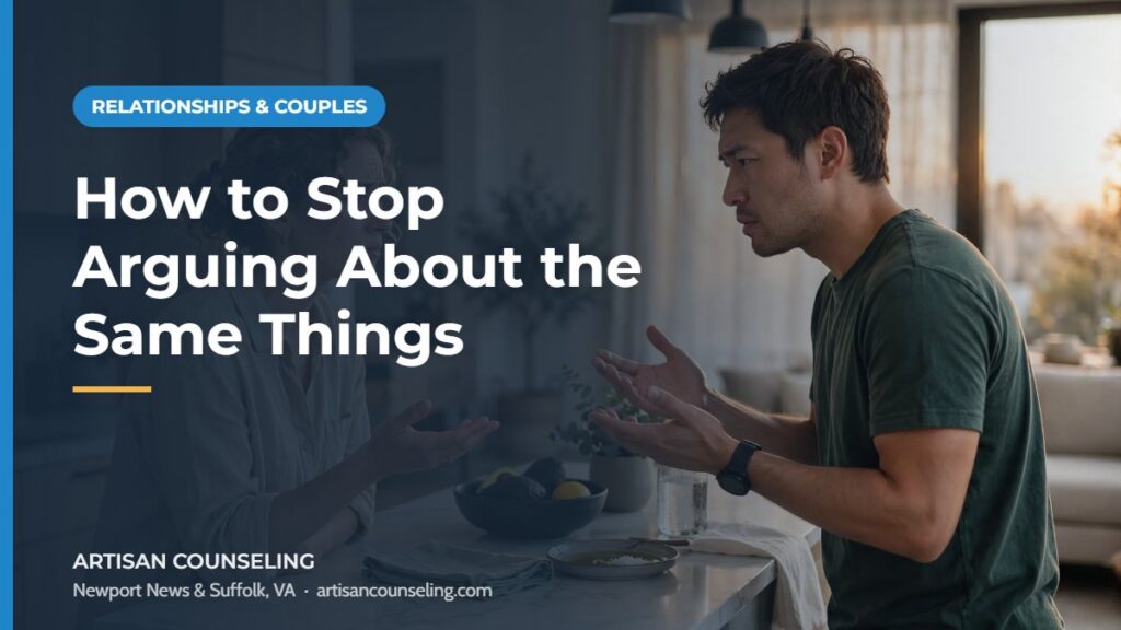Couple talking calmly at a kitchen table, featured image for an article on how to stop arguing about the same things