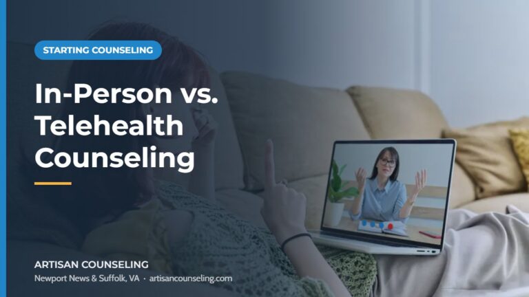 Person attending a video counseling session on a laptop at home, featured image for an article comparing in-person and telehealth counseling