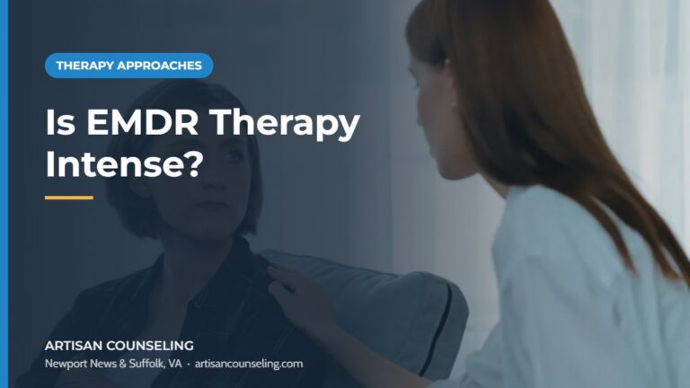 Thoughtful woman sitting on a couch during a counseling session, featured image for an article on whether EMDR therapy is intense