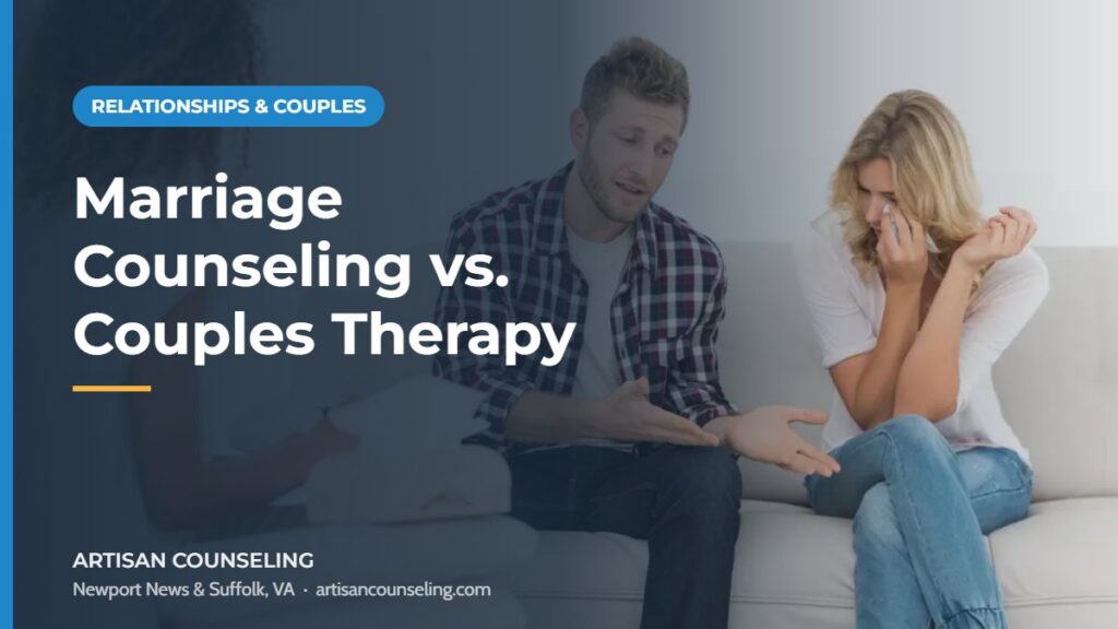 Couple sitting together on a sofa across from a counselor, featured image comparing marriage counseling and couples therapy