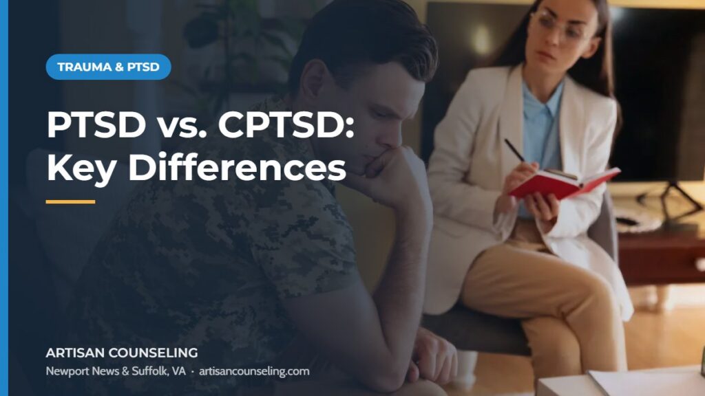 Person sitting by a window in thought, featured image for an article explaining the difference between PTSD and CPTSD
