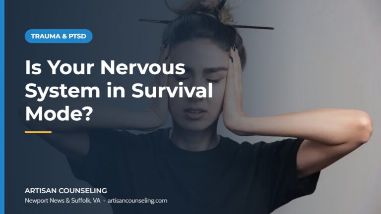 Tired woman with hand on chest taking a slow breath, featured image for an article on signs your nervous system is stuck in survival mode