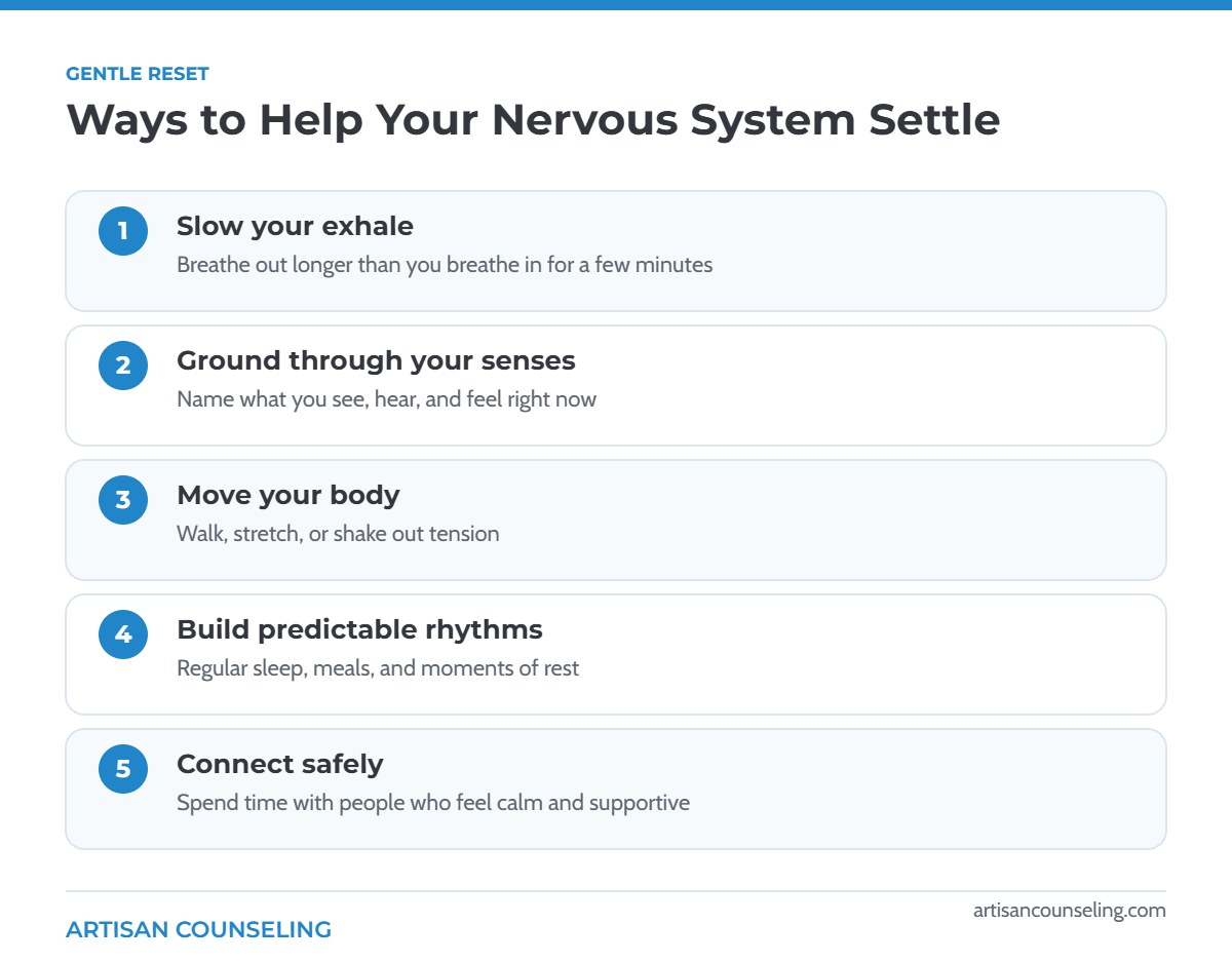 Steps to help a nervous system stuck in survival mode settle: slow breathing, grounding, movement, routines and safe connection