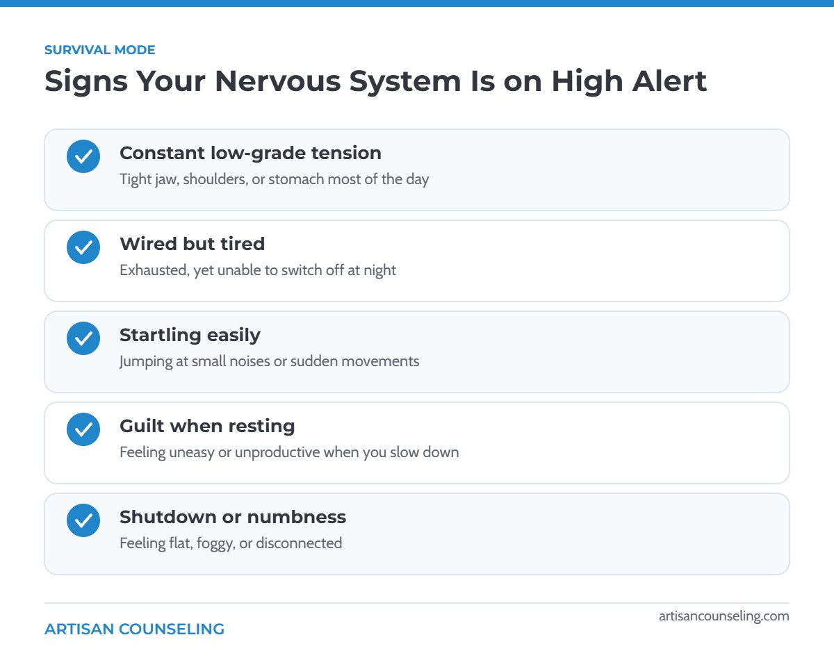 Checklist of signs your nervous system is stuck in survival mode, including tension, feeling wired but tired, startling easily and numbness