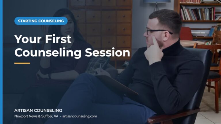Client talking with a counselor in a calm office, featured image for an article on what happens in a first counseling session