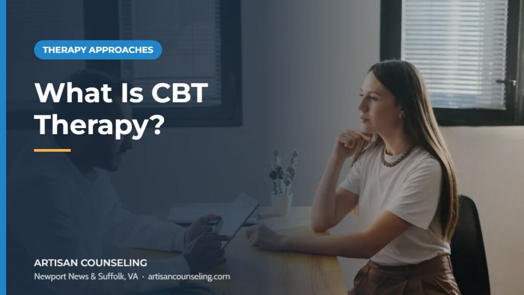 Counselor and client reviewing notes together, featured image for an article explaining what CBT therapy is