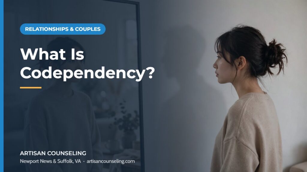 Woman comforting her partner while looking exhausted, featured image for an article on codependency signs and causes