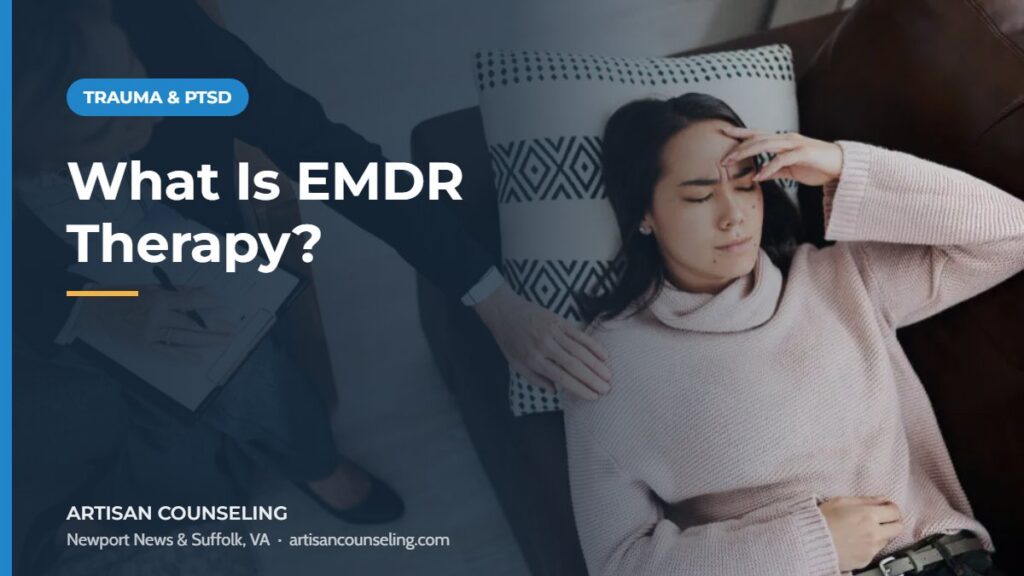 Counselor sitting with a client in a bright therapy room, featured image for an article explaining what EMDR therapy is