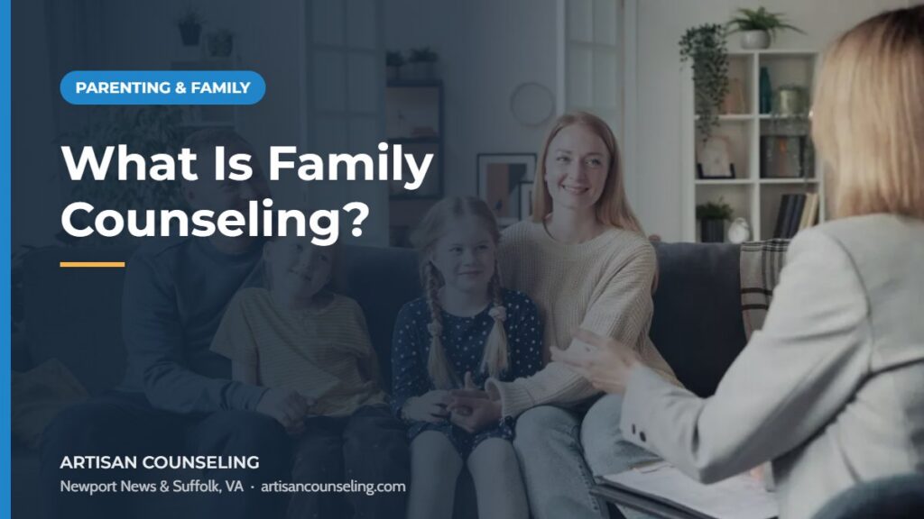 Family of four sitting together during a counseling session, featured image for an article explaining family counseling