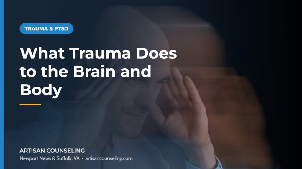 Person resting with eyes closed and hand over heart, featured image for an article on what trauma does to the brain and body
