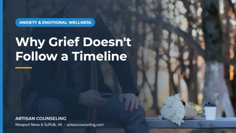 Woman holding a mug and gazing out a rainy window, featured image for an article on why grief doesn't follow a timeline