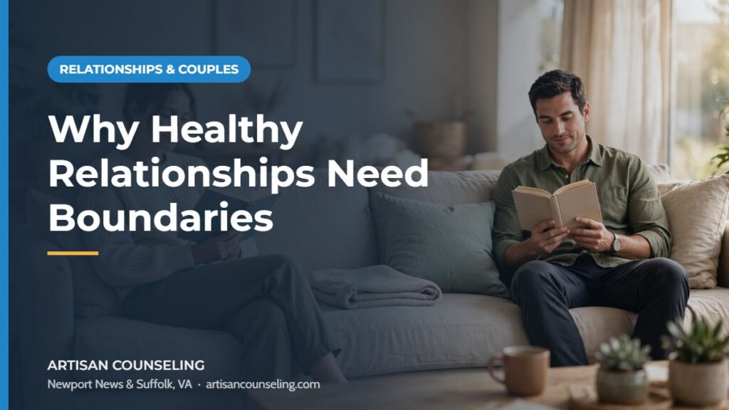 Couple having a respectful conversation on a park bench, featured image for an article on healthy boundaries in relationships