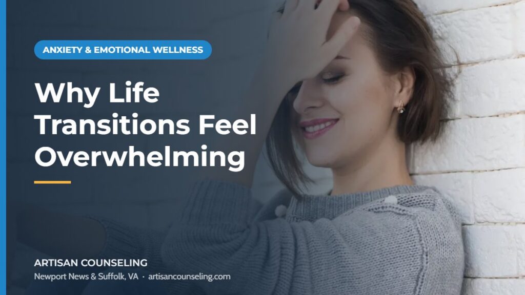 Person sitting among moving boxes in a new home, featured image for an article on why life transitions feel emotionally overwhelming