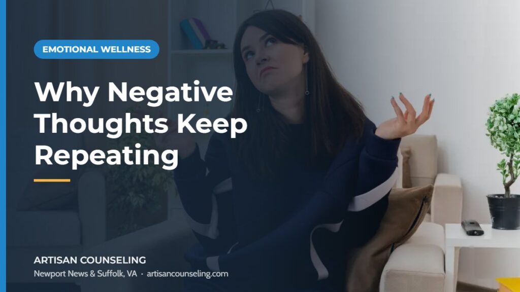 Person resting their head in their hands, featured image for an article on why negative thoughts keep repeating