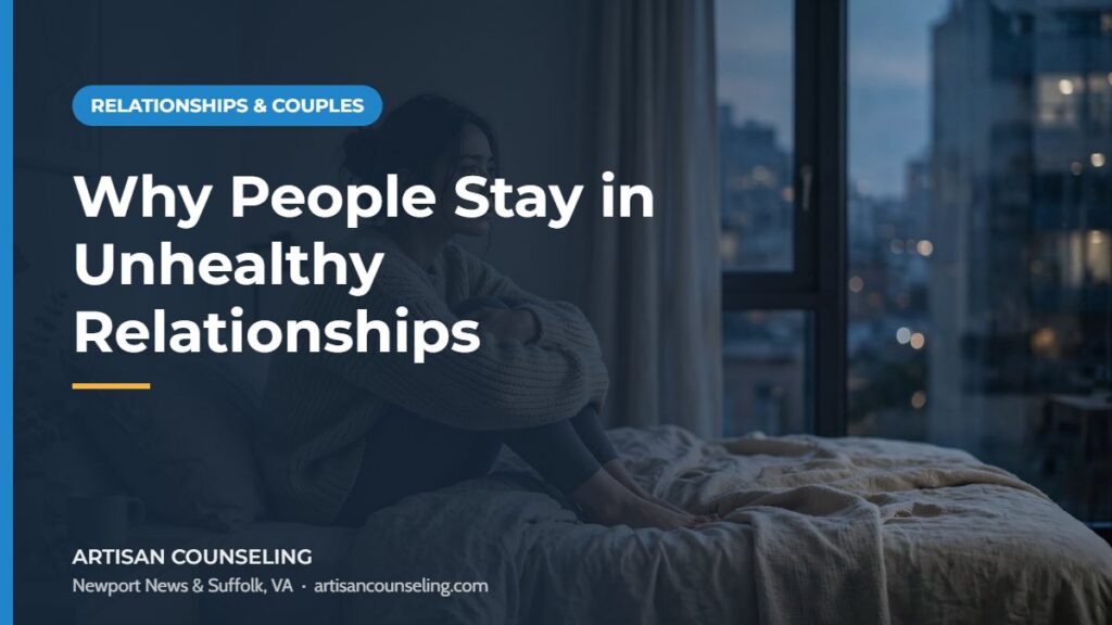 Person sitting alone by a window looking thoughtful, featured image for an article on why people stay in unhealthy relationships